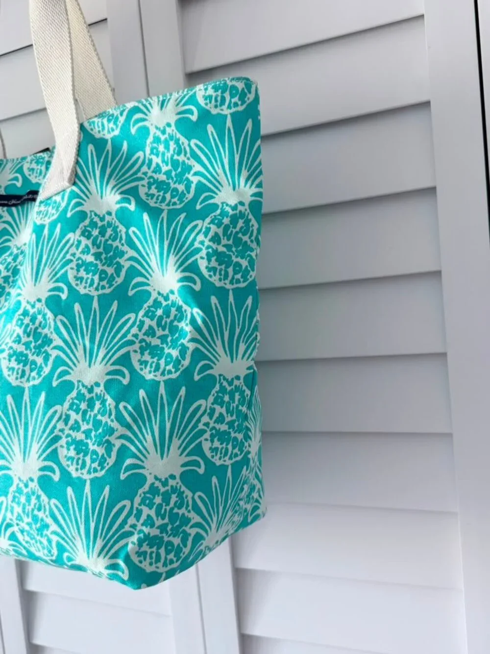 Bahama Hand Prints Pineapple Beach Tote Bag Aqua Canvas Large Shoulder Tote